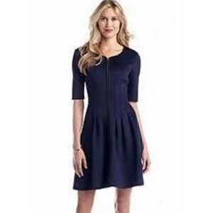 Betsey Johnson Fit & Flare Dress Full Zip Womens SZ 10 Pleated Navy Scuba Mini